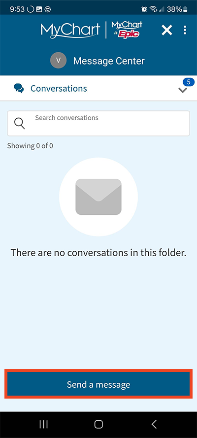 screenshot of MyChart app with red box around Send a message button