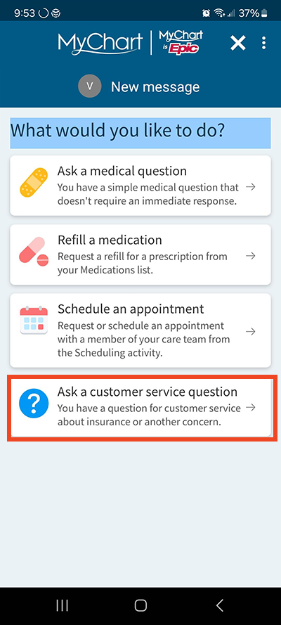 screenshot of MyChart app with a red box around Ask a customer service question