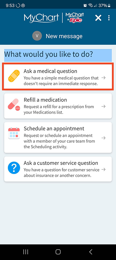 screenshot of MyChart app with a red box around Ask a medical question