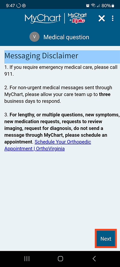 screenshot of MyChart app messaging disclaimer with a red box around Next button
