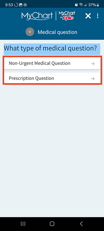screenshot of MyChart app with a red box around types of medical question options