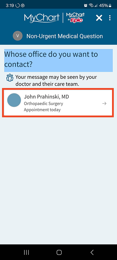screenshot of MyChart app with a red box around a provider