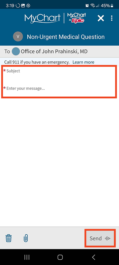 screenshot of MyChart app with a red box around subject and content sections and send button