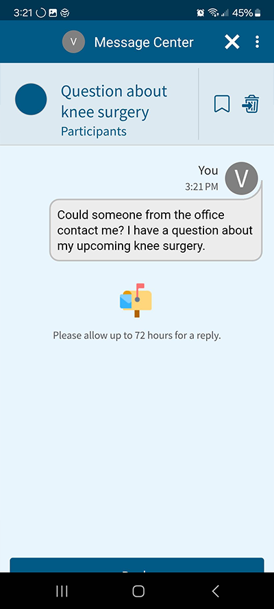 screenshot of MyChart app with a sent message to a doctor