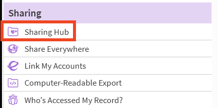 screenshot of MyChart menu with red box around Sharing Hub
