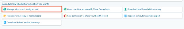 screenshot of MyChart options with red box around manage friends and family access