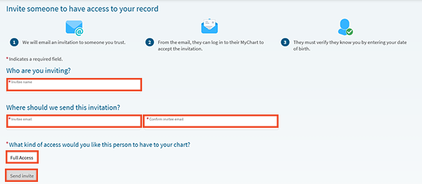 screenshot of MyChart form to fill out to ask someone to get proxy access, with red boxes around fields and buttons