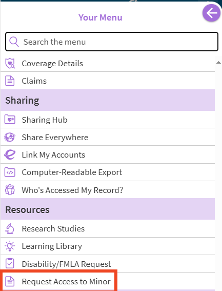 screenshot of MyChart menu with red box around Request Access to Minor
