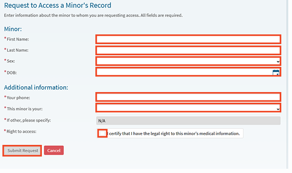 screenshot of MyChart form to fill out to get proxy access to a minor's account, with red boxes around fields and buttons