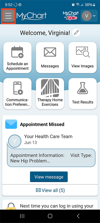 screenshot of MyChart app with red box around menu button