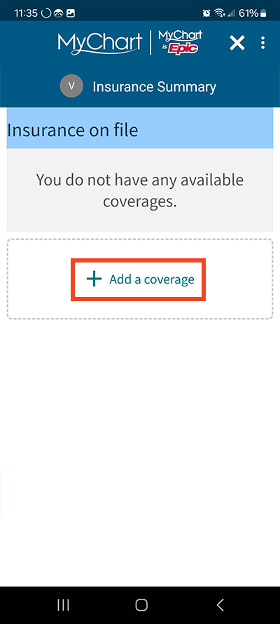 screenshot of MyChart app with red box around Add a coverage