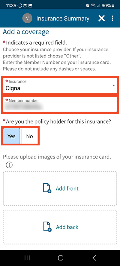 screenshot of MyChart app with red boxes around insurance, member number and policy holder question on insurance summary page
