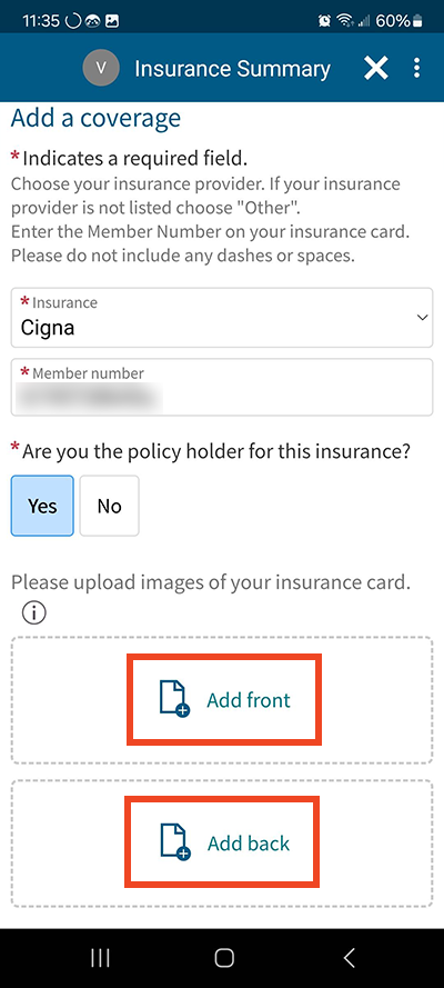 screenshot from MyChart app insurance summary page with red boxes around Add front and Add back options for insurance card photo uploads