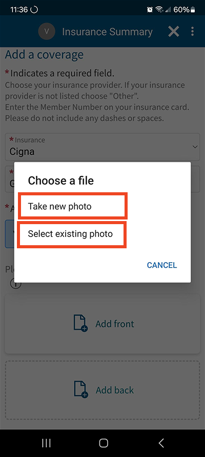 screenshot from MyChart app of options with take new photo or select existing photo with red boxes around them