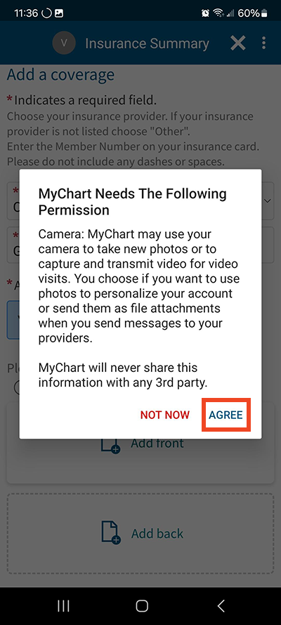 screenshot from MyChart app with a red box around the agree button giving permission for Mychart to use the phone camera