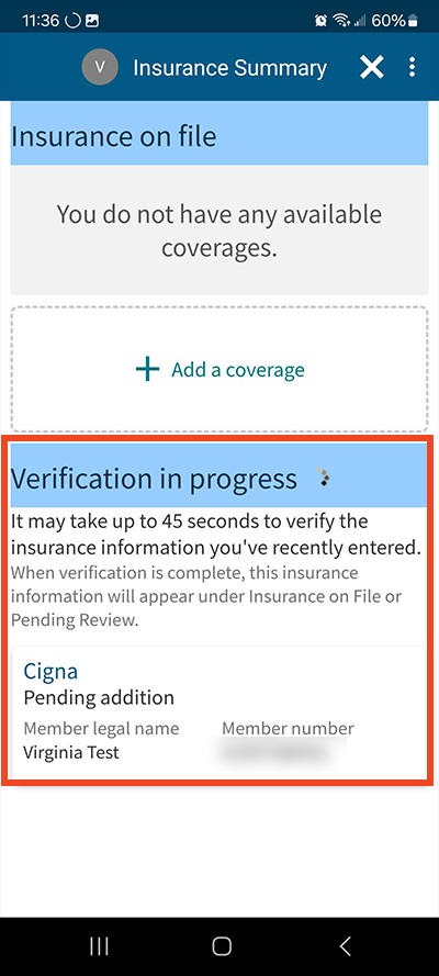 screenshot of MyChart app of insurance verification in progress