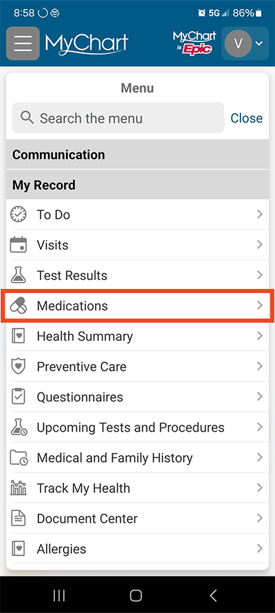 screenshot of menu options in MyChart app with red box around Medications