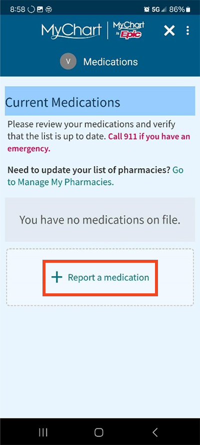 screenshot from MyChart app medications section with a red box around Report a medication