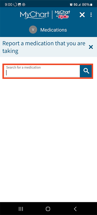 screenshot of MyChart app with red box around medication search box