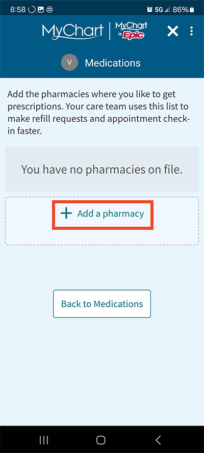 screenshot of MyChart app with red box around Add a pharmacy