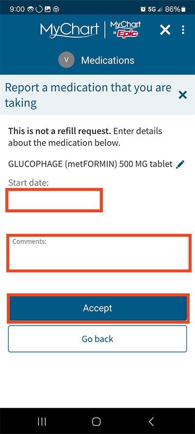 screenshot of MyChart app with red boxes around start date, comments and Accept button for medication information