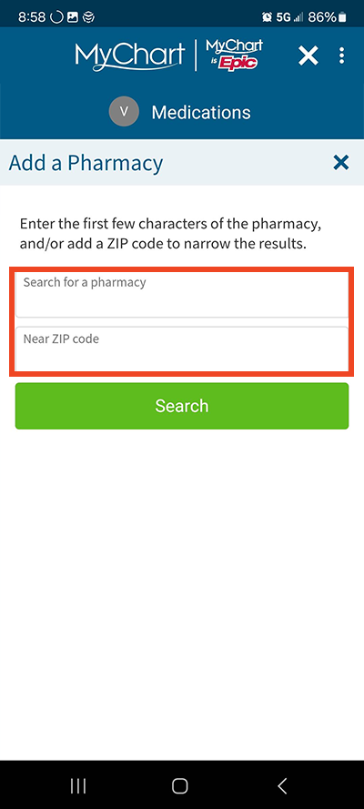 screenshot of MyChart app with red box around search options for finding a pharmacy