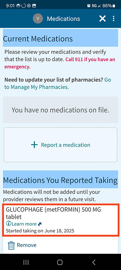screenshot of MyChart app with a red box around a current medication