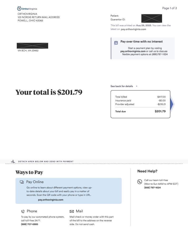 first page of an OrthoVirginia bill