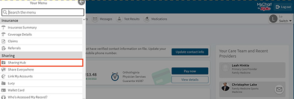 screenshot of MyChart with a red box around Sharing Hub on the menu