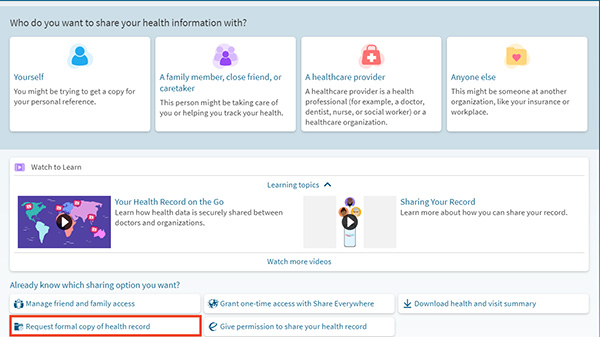 screenshot of MyChart Sharing Hub with red box around Request formal copy of health record