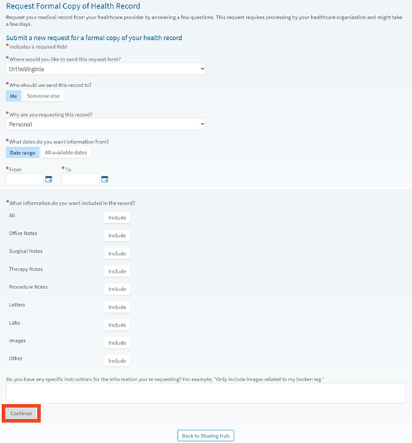 screenshot of MyChart form to request a copy of health record, with a red box around the continue button