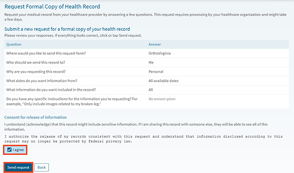 screenshot of submission page to request a copy of the health record, with red box around I agree checkbox and Send request button