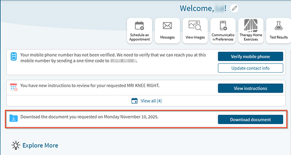 screenshot of MyChart with a red box around a MyChart homepage notification to download a document