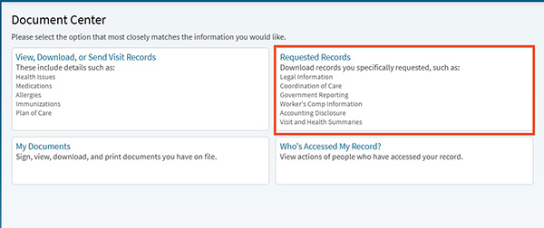 screenshot of MyChart Document Center with a red box around Requested Records