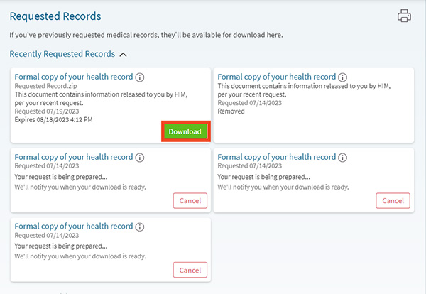 screenshot of MyChart with red box around button to download a copy of your medical records