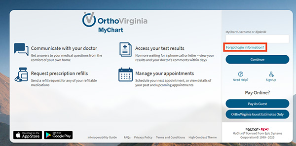 screenshot of MyChart desktop with red box around Forgot login information?