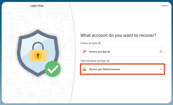 screenshot of MyChart desktop option to recover your mychart account