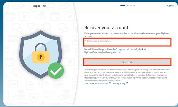 screenshot of MyChart desktop with red box around email address or phone number field