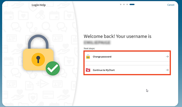 screenshot of MyChart desktop find your username, showing username, with red box around next options