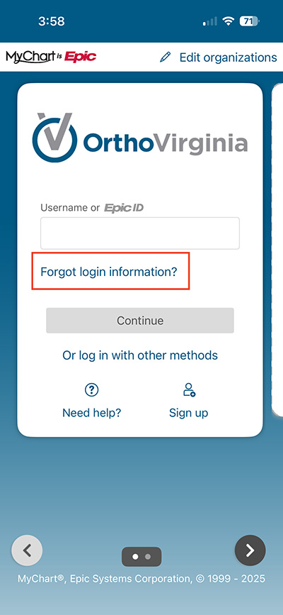 screenshot of MyChart mobile app with red box around Forgot login information?
