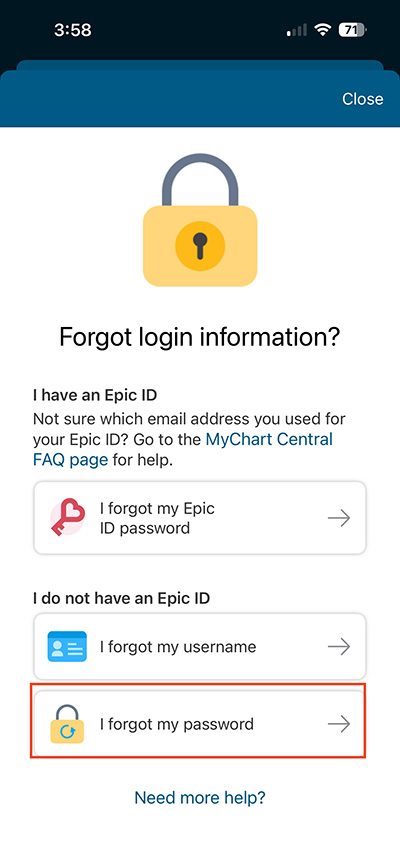screenshot of MyChart mobile app with red box around I forgot my password