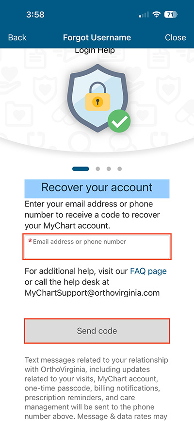 screenshot of MyChart mobile app with red box around field for email address or phone number and around send code button
