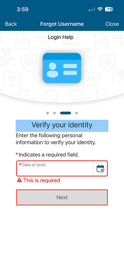 screenshot of MyChart mobile app with red box around date of birth field and next button