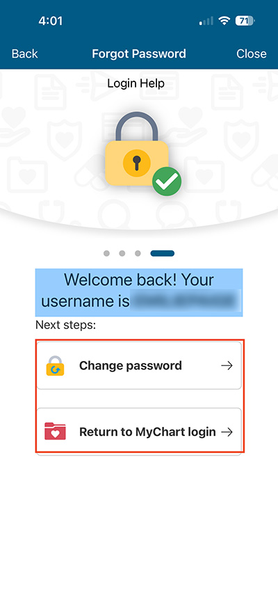 screenshot of MyChart mobile app showing blurred username with red box around next options