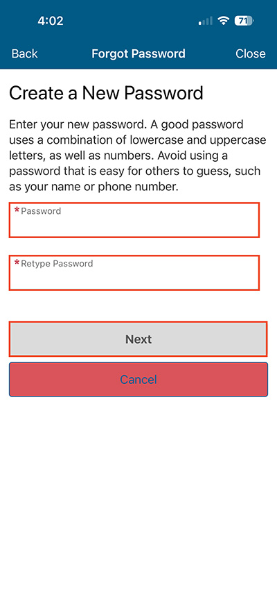 screenshot of MyChart mobile app password reset page
