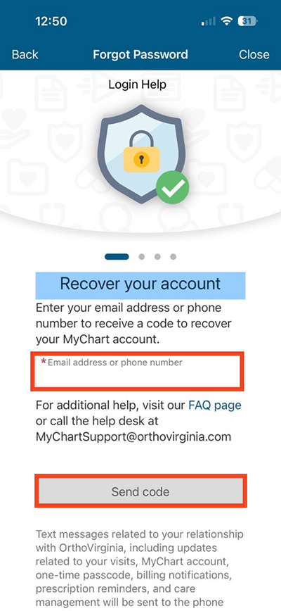 screenshot of MyChart mobile app password reset system with red box around field for email address or phone number and around send code button