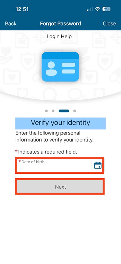 screenshot of MyChart mobile app password reset system with red box around date of birth field and next button