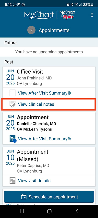 screenshot of MyChart menu with red box around View clinical notes