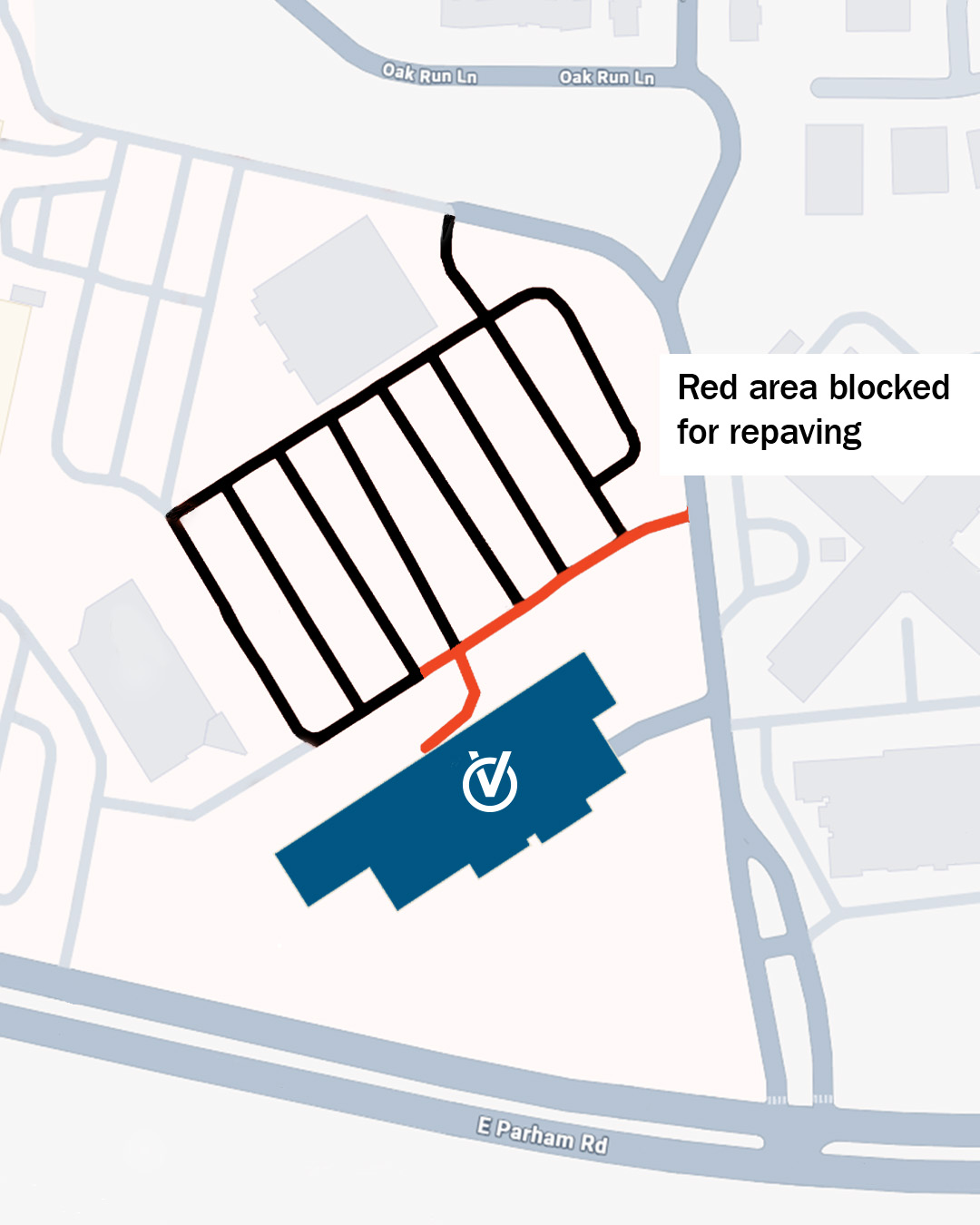 map showing an OrthoVirginia office in blue and adjacent parking lot in black, with part of the parking lot in red; words saying red area blocked for repaving