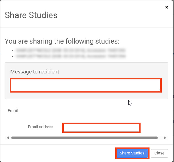 screenshot of screen to share x-rays, with red boxes around message box, email address box and share button